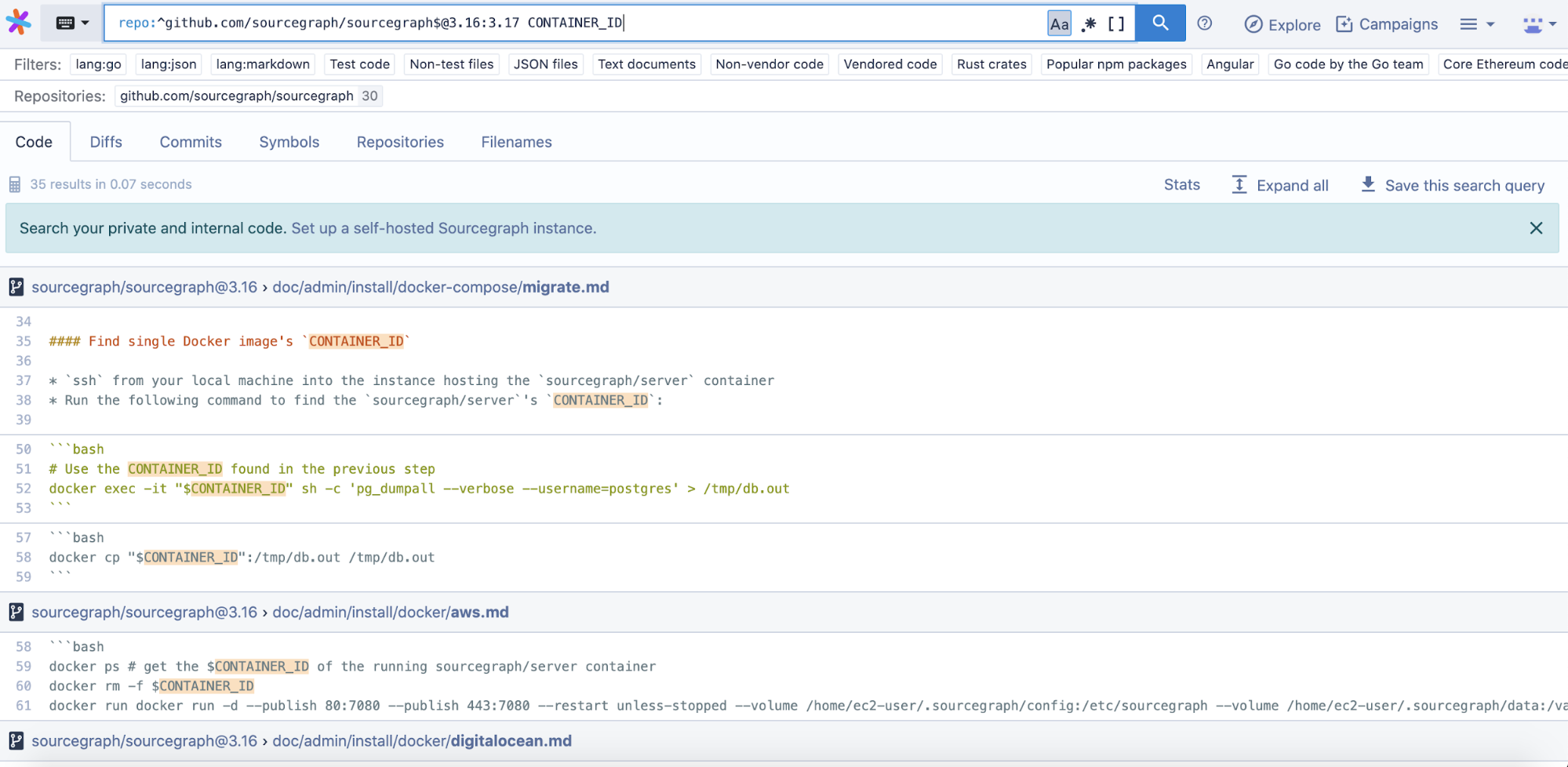 Search over Sourcegraph versions 3.16 and 3.17