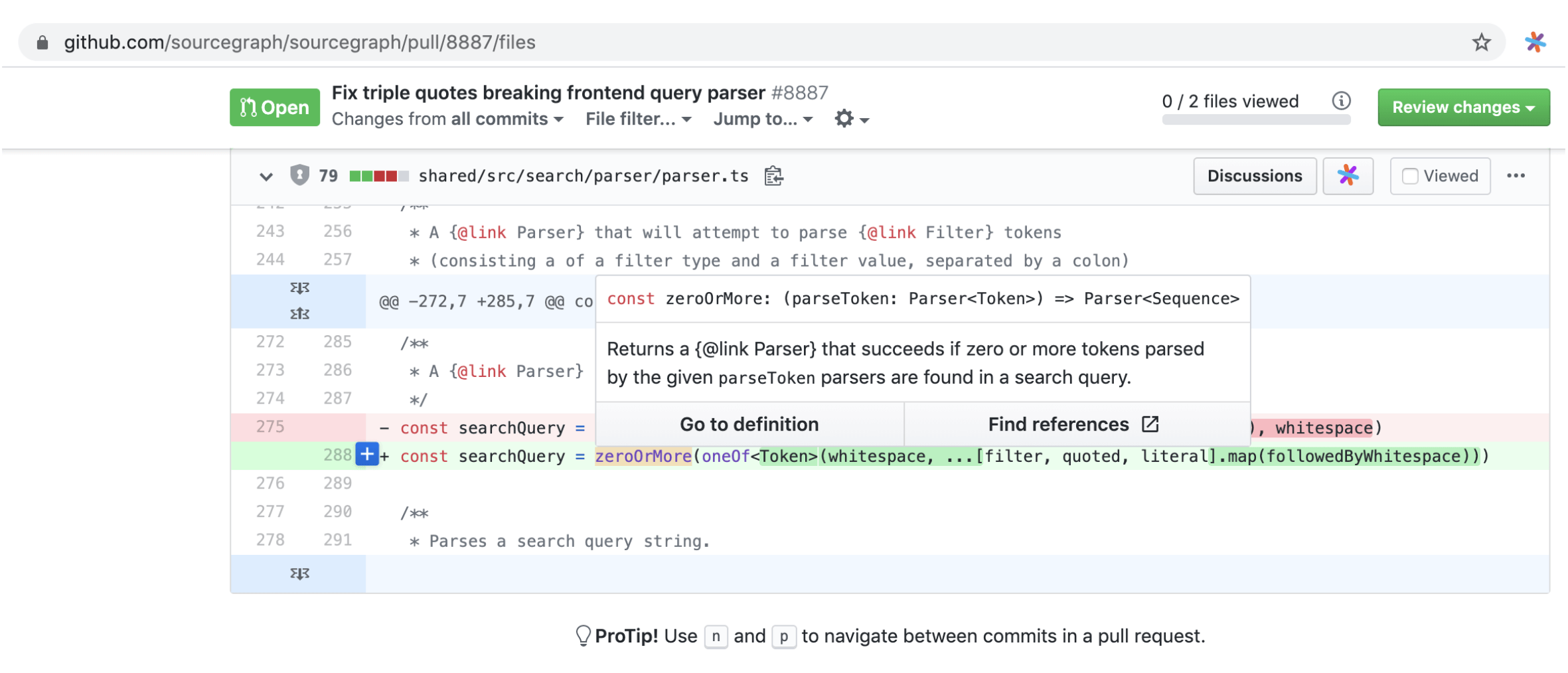Sourcegraph’s go to definition and find references hover tooltip on a code review