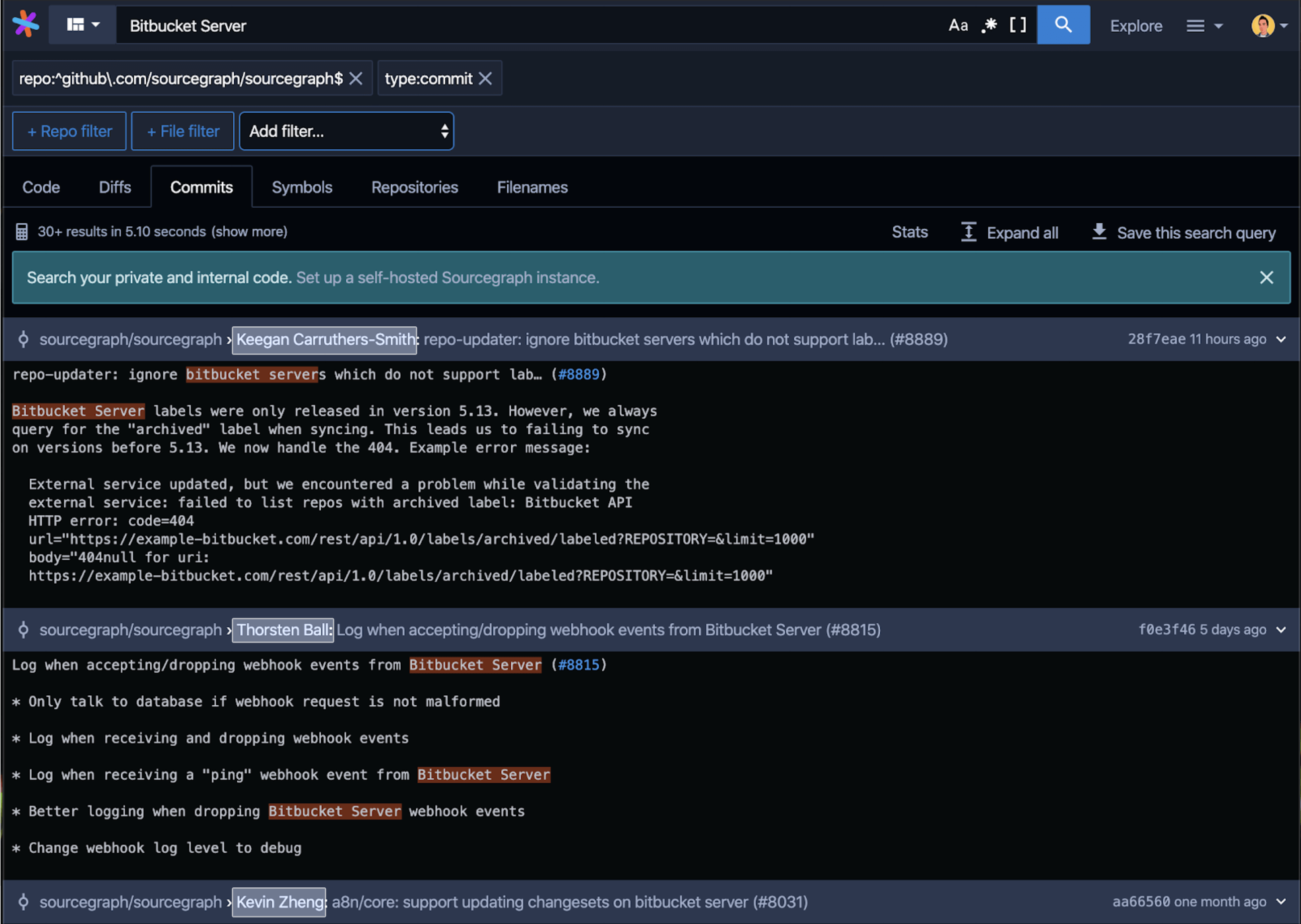 A commit history search with highlighted code authors in Sourcegraph